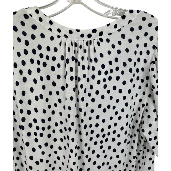 Polka Dot Blouse By Loft Size M Short Sleeve Smocked White/Black - Picture 5 of 8
